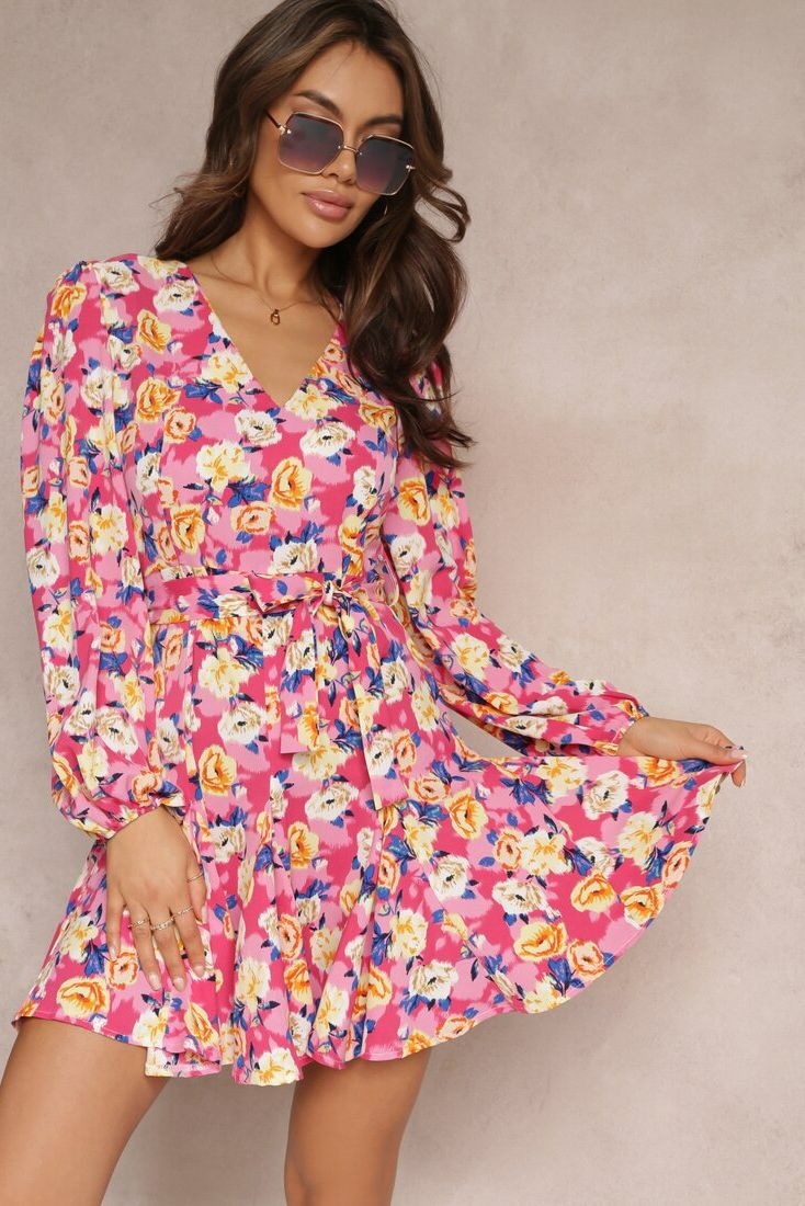 Savannah Pink Floral Belted Dress sold by Va Va Voom