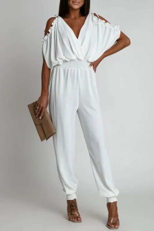 Belle White Cold Shoulder Jumpsuit sold by Va Va Voom