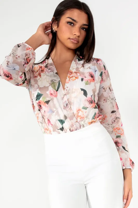 Bethan Coral Chiffon Floral Bodysuit sold by Va Va Voom