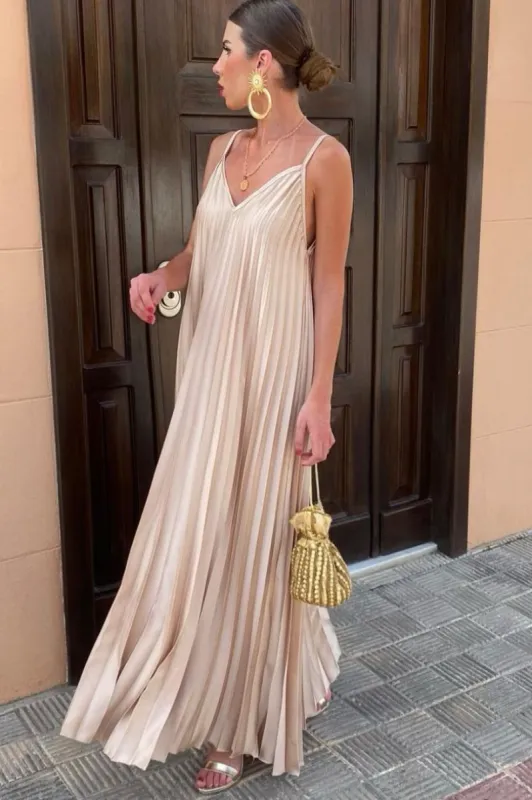 Orah Champagne Pleated Dress sold by Va Va Voom