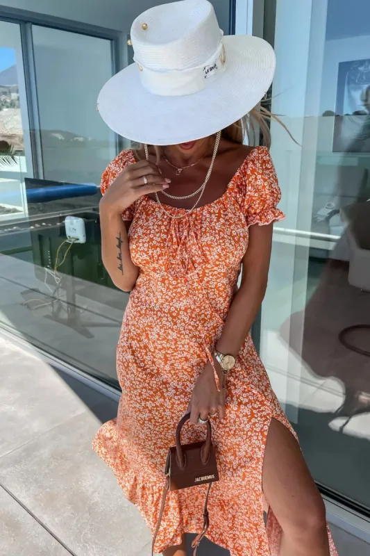 Idris Orange Floral Midi Dress sold by Va Va Voom