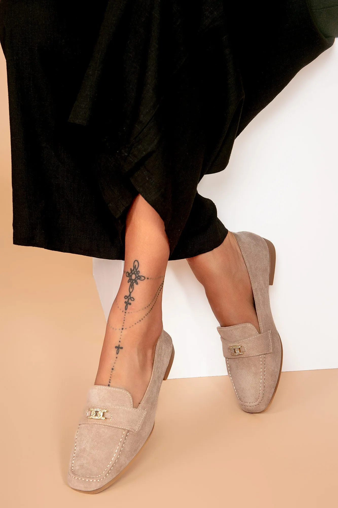 Christina Taupe Suedette Loafers sold by Va Va Voom