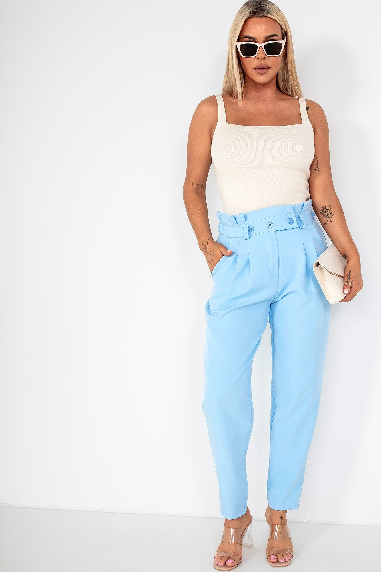 Remy Baby Blue High Waist Trousers sold by Va Va Voom