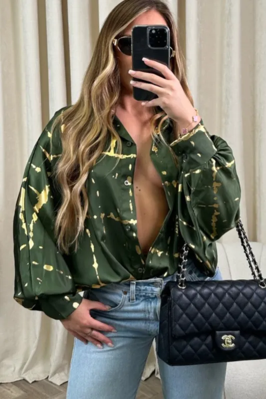 Olina Green Satin Print Shirt sold by Va Va Voom