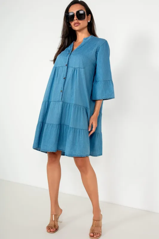 Opal Blue Denim Smock Dress sold by Va Va Voom