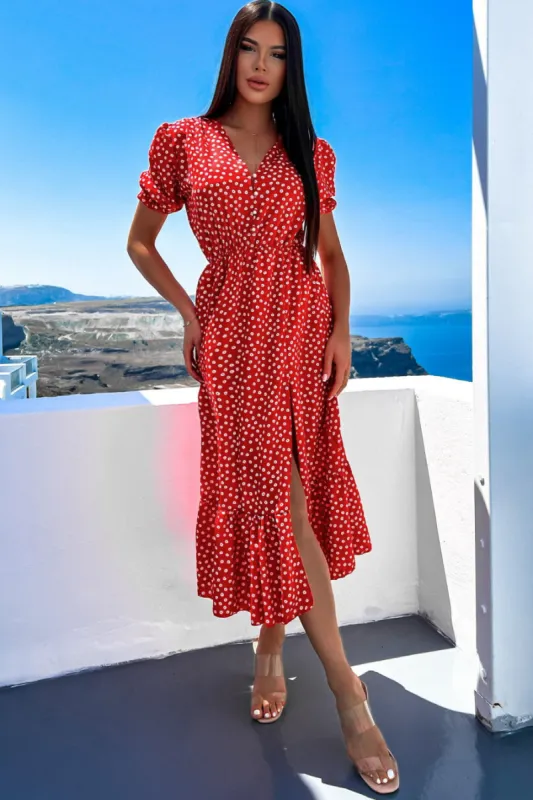 Carly Red Ditsy Print Midi Dress sold by Va Va Voom