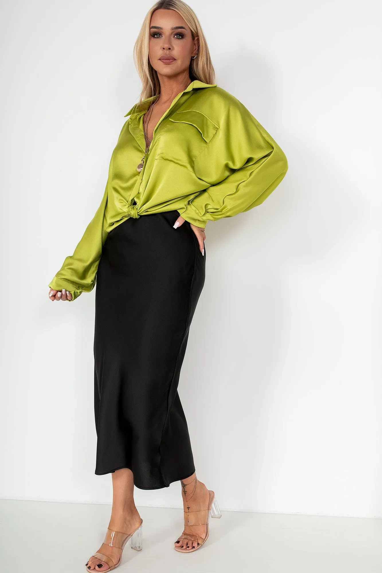 Raven Lime Green Satin Shirt sold by Va Va Voom