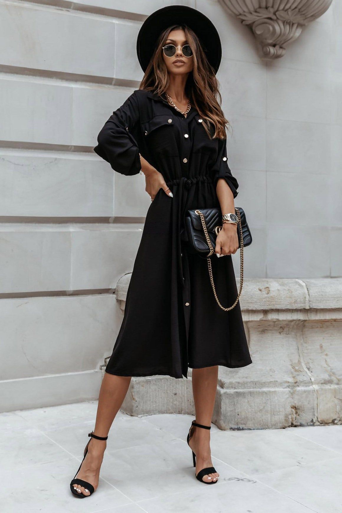 Janis Black Midi Shirt Dress sold by Va Va Voom