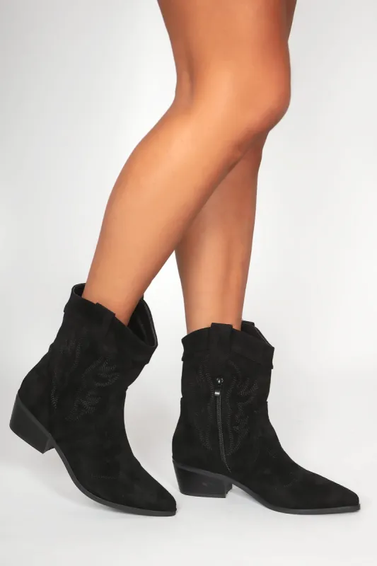 Frankie Black Suedette Western Boots sold by Va Va Voom