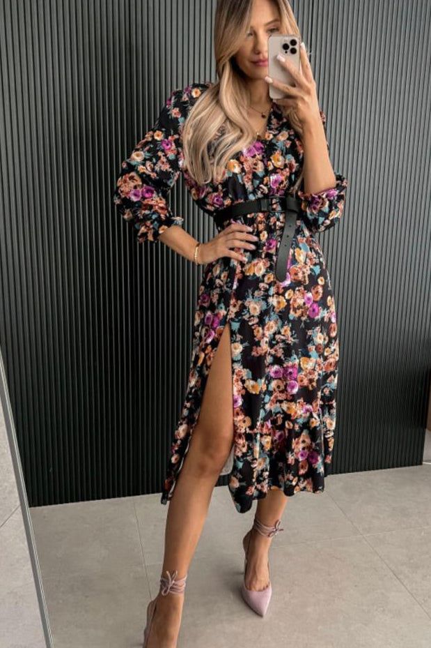 Davina Black Floral Midi Dress sold by Va Va Voom