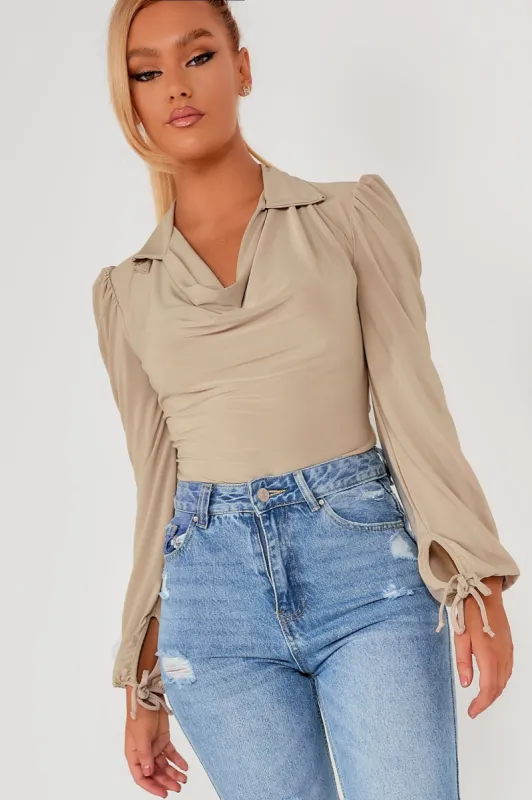 Calzia Stone Slinky Collared Bodysuit sold by Va Va Voom