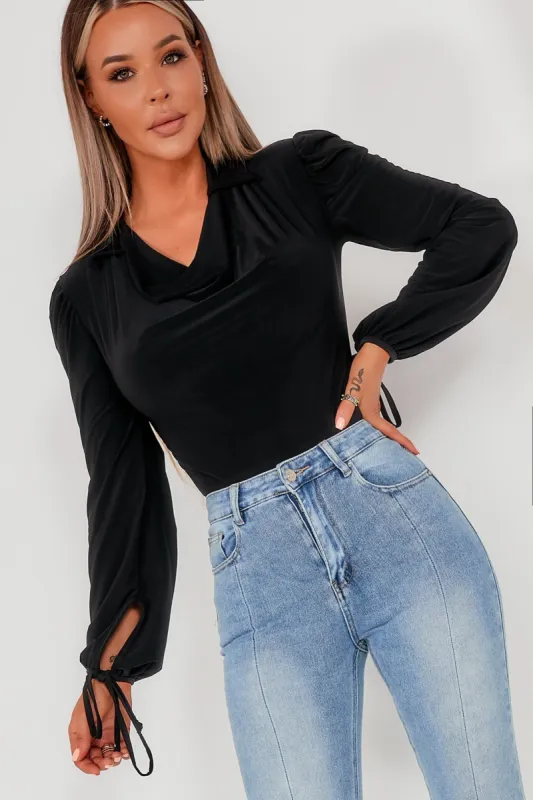 Calzia Black Slinky Collared Bodysuit sold by Va Va Voom