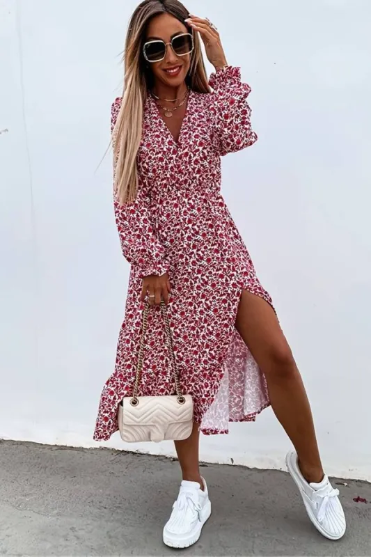 Sofia Red Floral Midi Dress sold by Va Va Voom