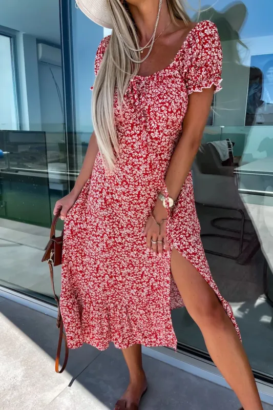 Idris Red Floral Midi Dress sold by Va Va Voom