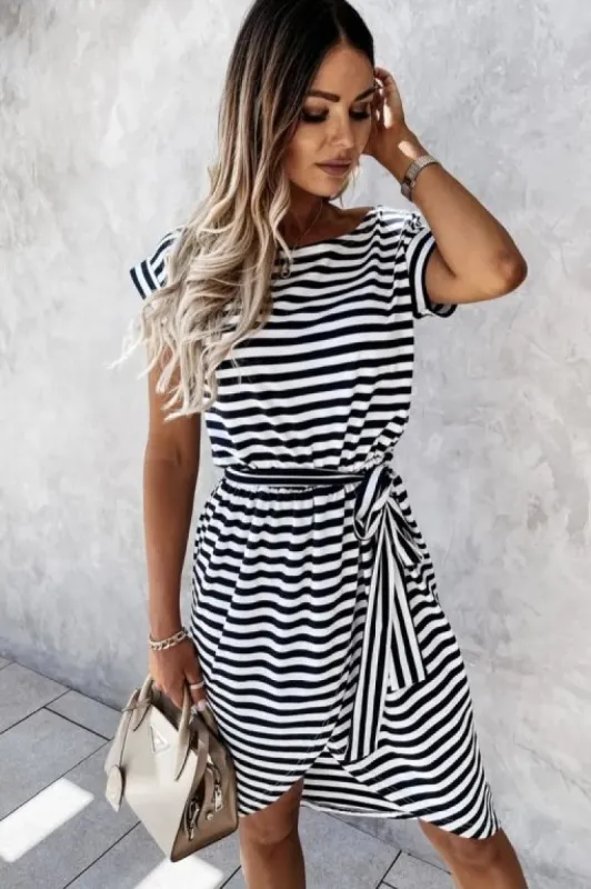 Sheila Monochrome Striped Wrap Dress sold by Va Va Voom