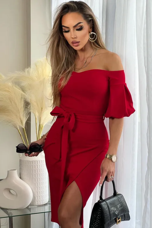 Jerusha Red Belted Midi Dress sold by Va Va Voom
