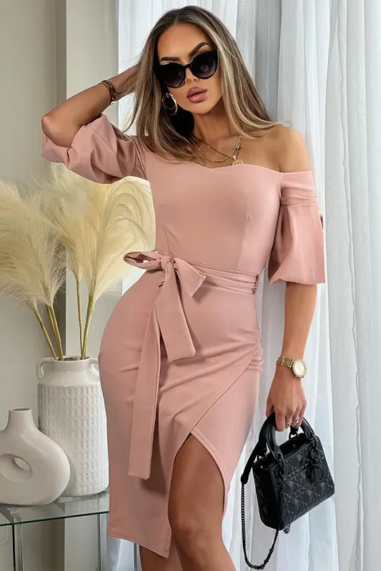 Jerusha Blush Belted Midi Dress sold by Va Va Voom
