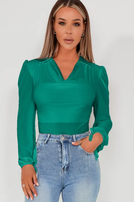 Calzia Green Slinky Collared Bodysuit sold by Va Va Voom