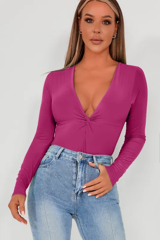Adelina Magenta Slinky V Neck Bodysuit sold by Va Va Voom