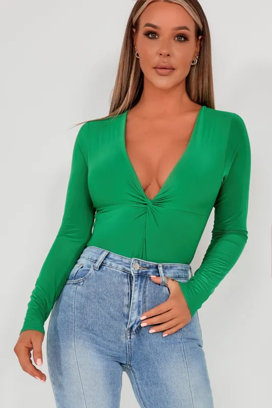 Adelina Green Slinky V Neck Bodysuit sold by Va Va Voom