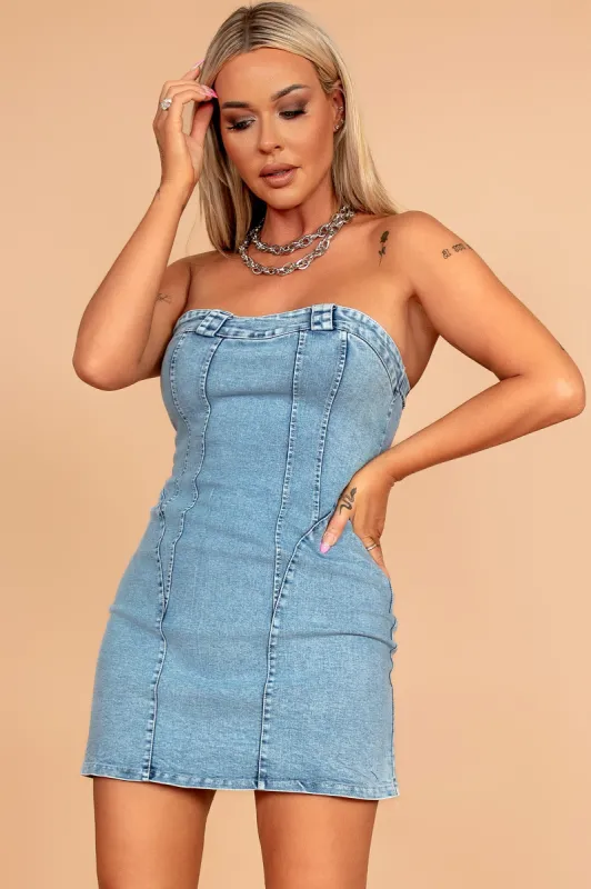 Jayla Blue Bandeau Denim Dress sold by Va Va Voom