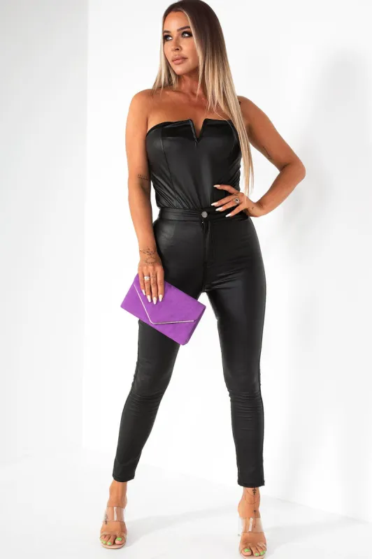 Halle Black Faux Leather Bodysuit sold by Va Va Voom