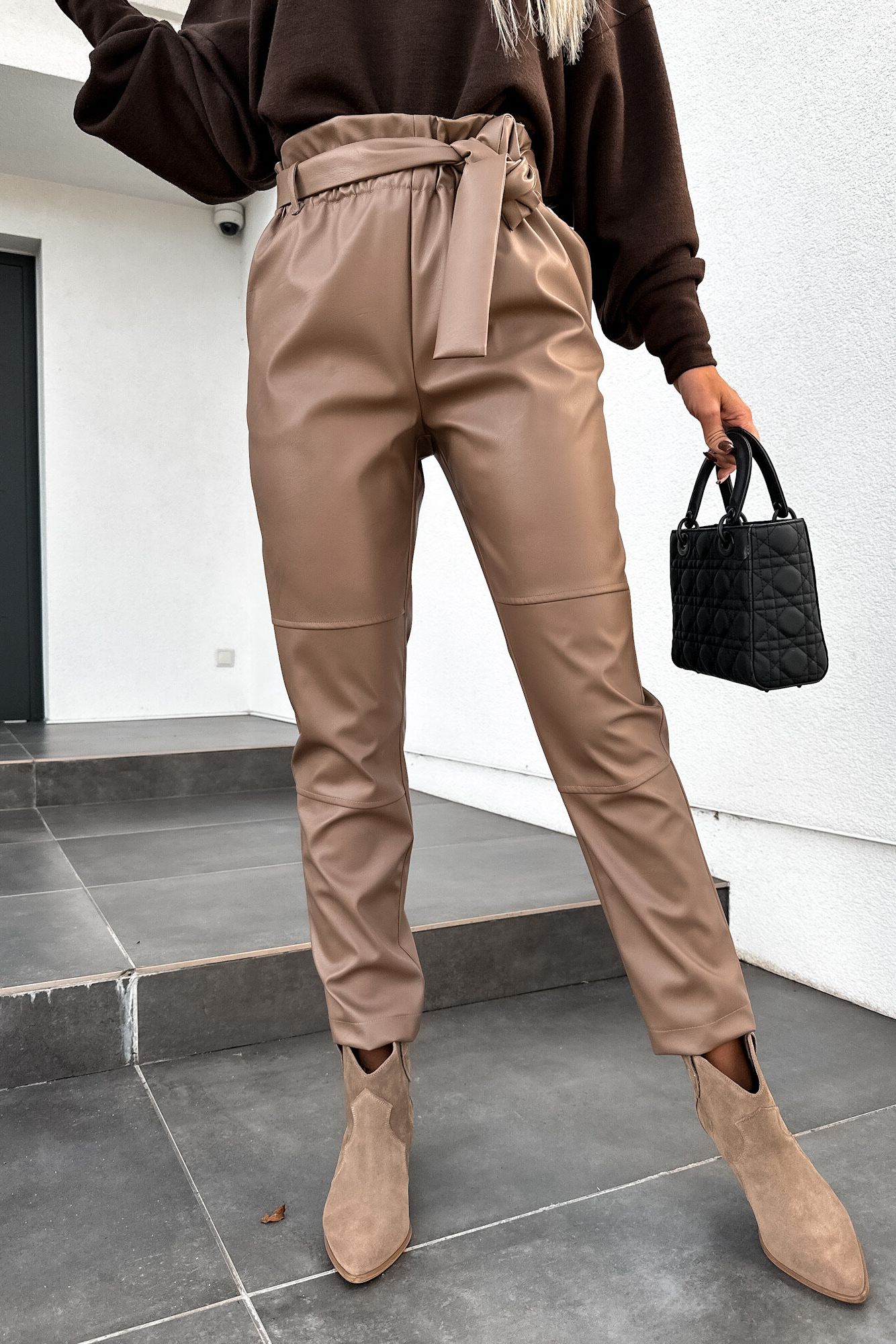 Skyla Camel Faux Leather Paperbag Trousers sold by Va Va Voom