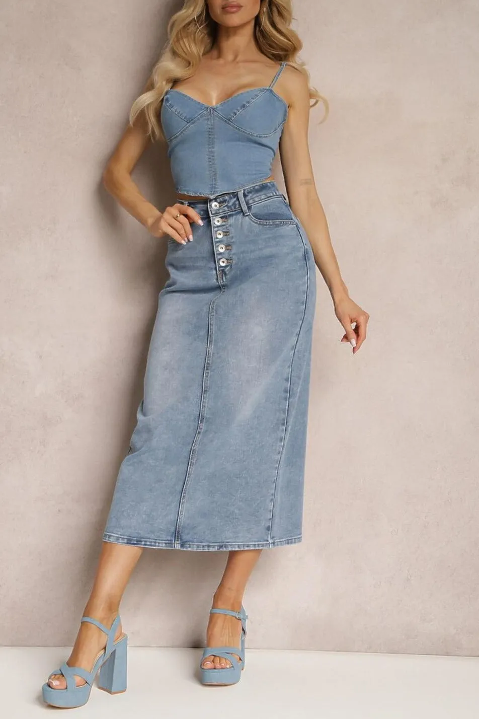 Lyla Blue Denim Button Front Skirt sold by Va Va Voom