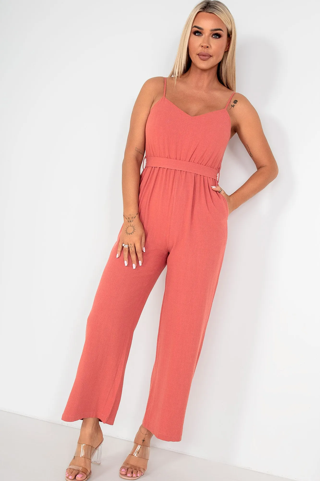 Cathy Rust Linen Jumpsuit sold by Va Va Voom