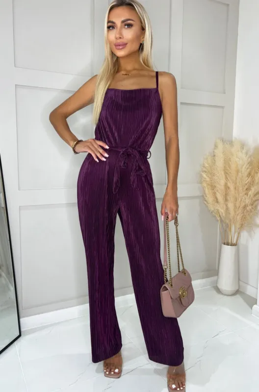 AX Paris Sofia Plum Plisse Jumpsuit sold by Va Va Voom