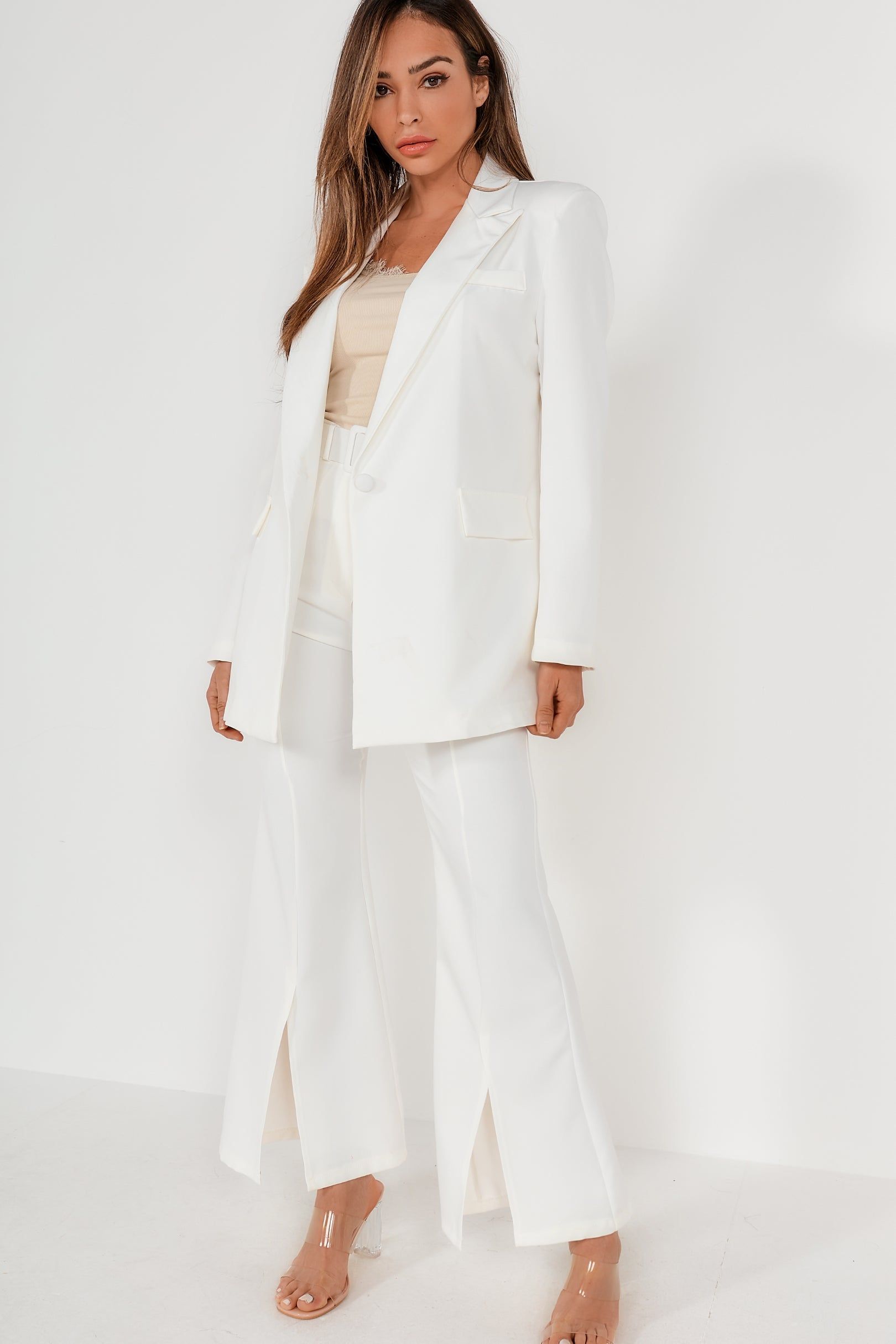 Pearly White Oversized Belted Blazer sold by Va Va Voom