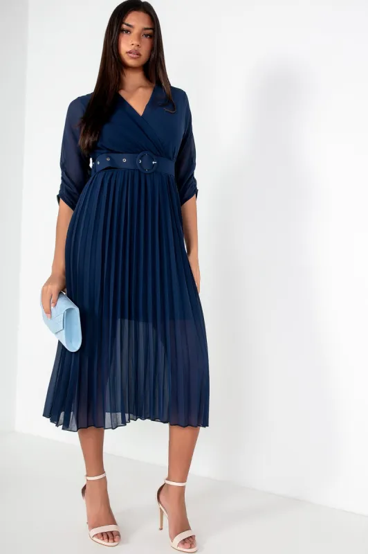Uliana Navy Chiffon Pleated Dress sold by Va Va Voom