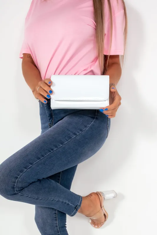 Ava White Patent Clutch sold by Va Va Voom