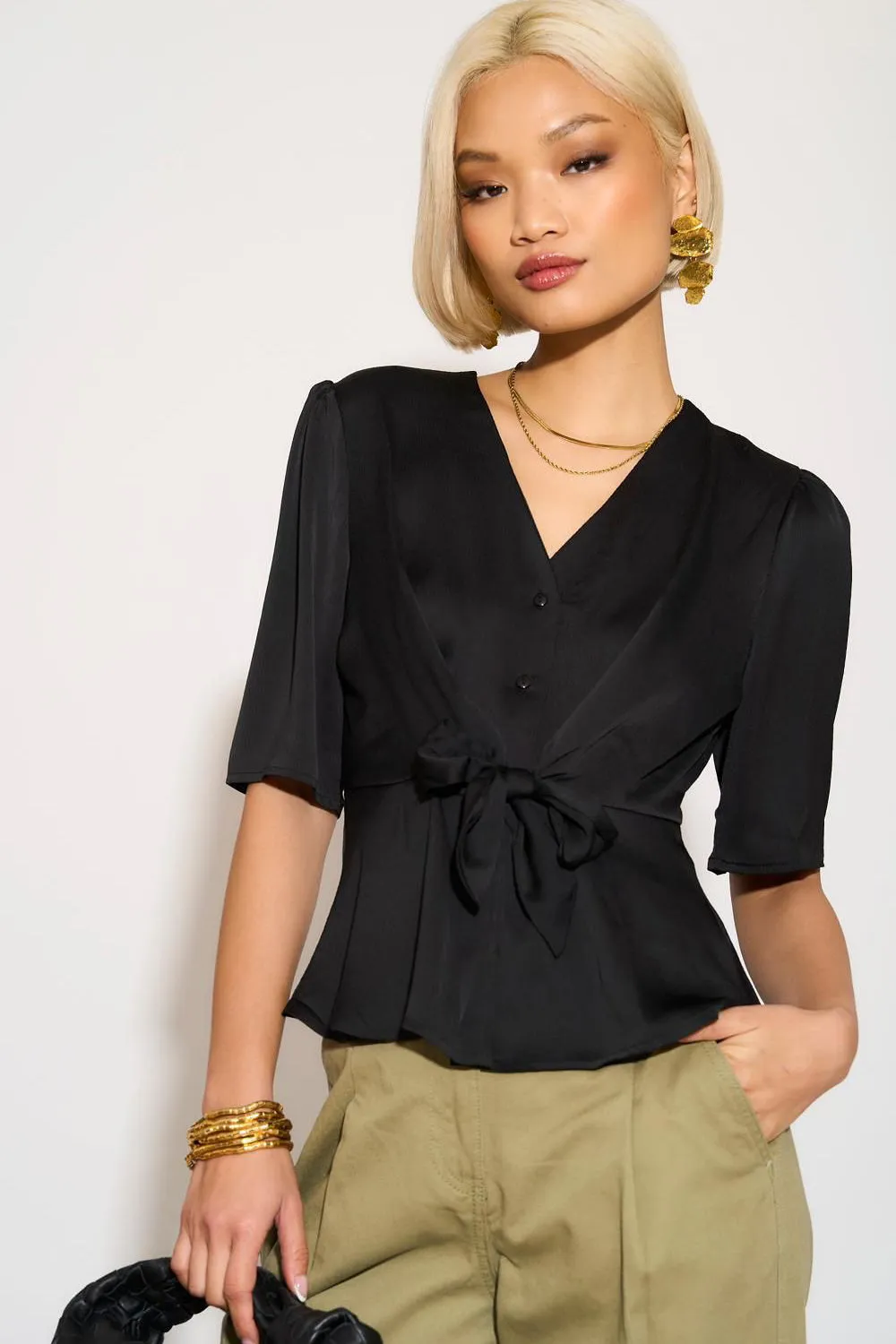 Caryn Black Satin Tie Front Top sold by Va Va Voom