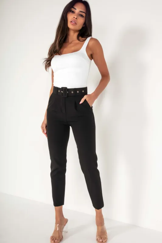 Brinley Black Belted Cigarette Trousers sold by Va Va Voom