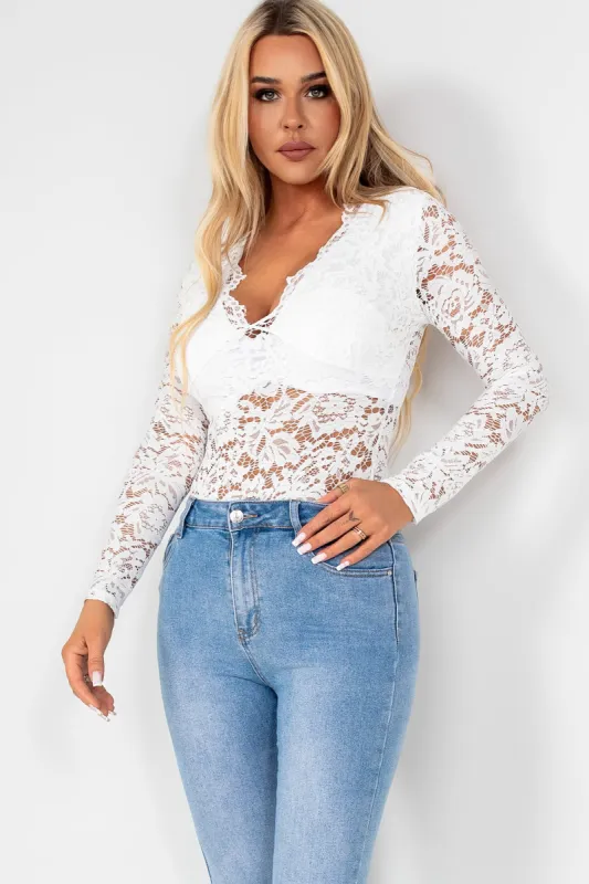 Evie White Lace Bodysuit sold by Va Va Voom