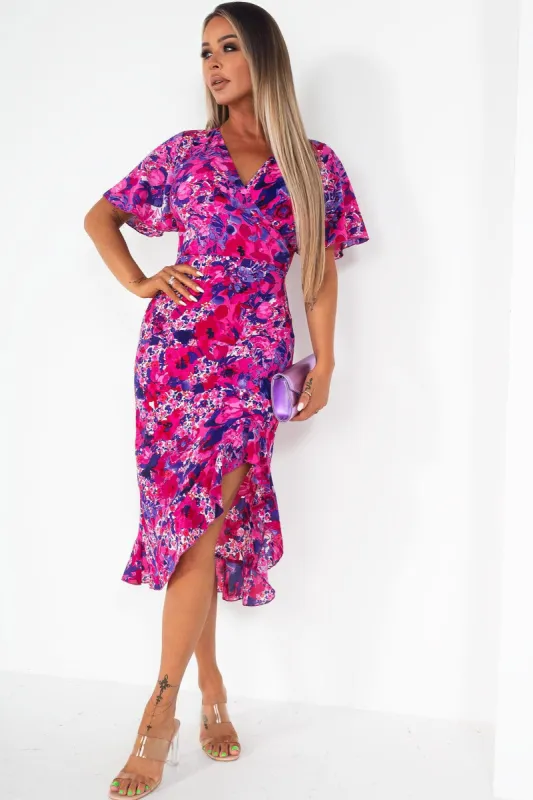 Girl In Mind Vanessa Magenta Floral Wrap Dress sold by Va Va Voom