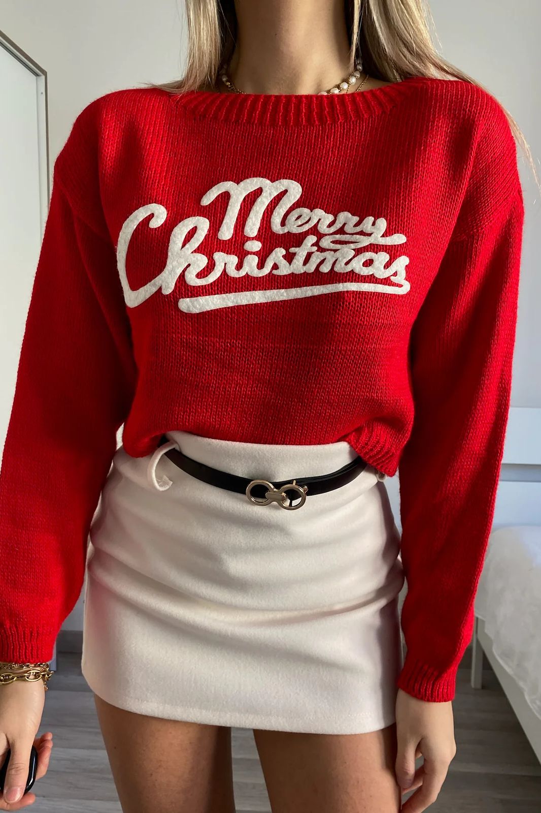 Joy Red Knit Cropped 'Merry Christmas' Jumper sold by Va Va Voom