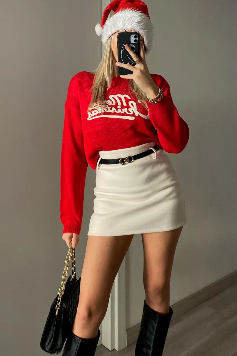 Joy Red Knit Cropped 'Merry Christmas' Jumper sold by Va Va Voom product image thumbnail 2