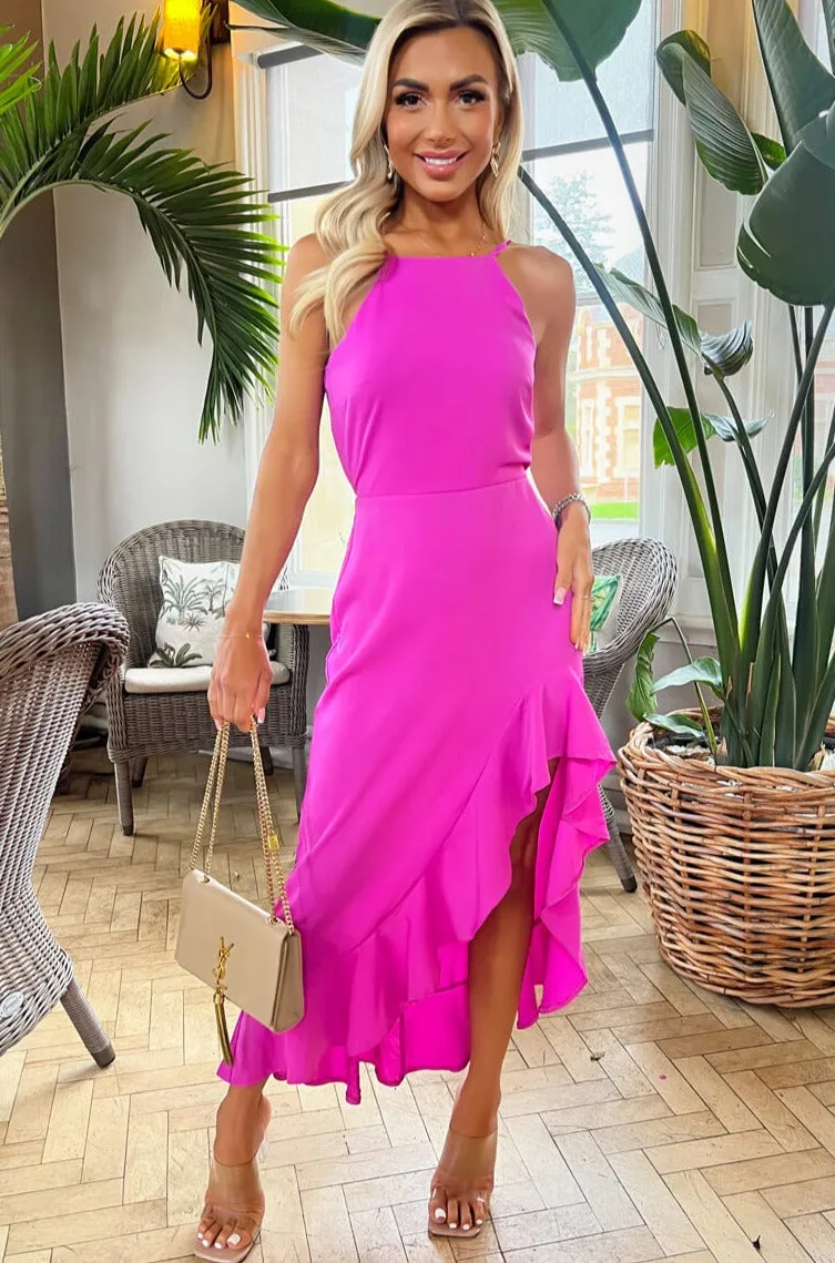 AX Paris Ilise Hot Pink Frill Hem Dress sold by Va Va Voom