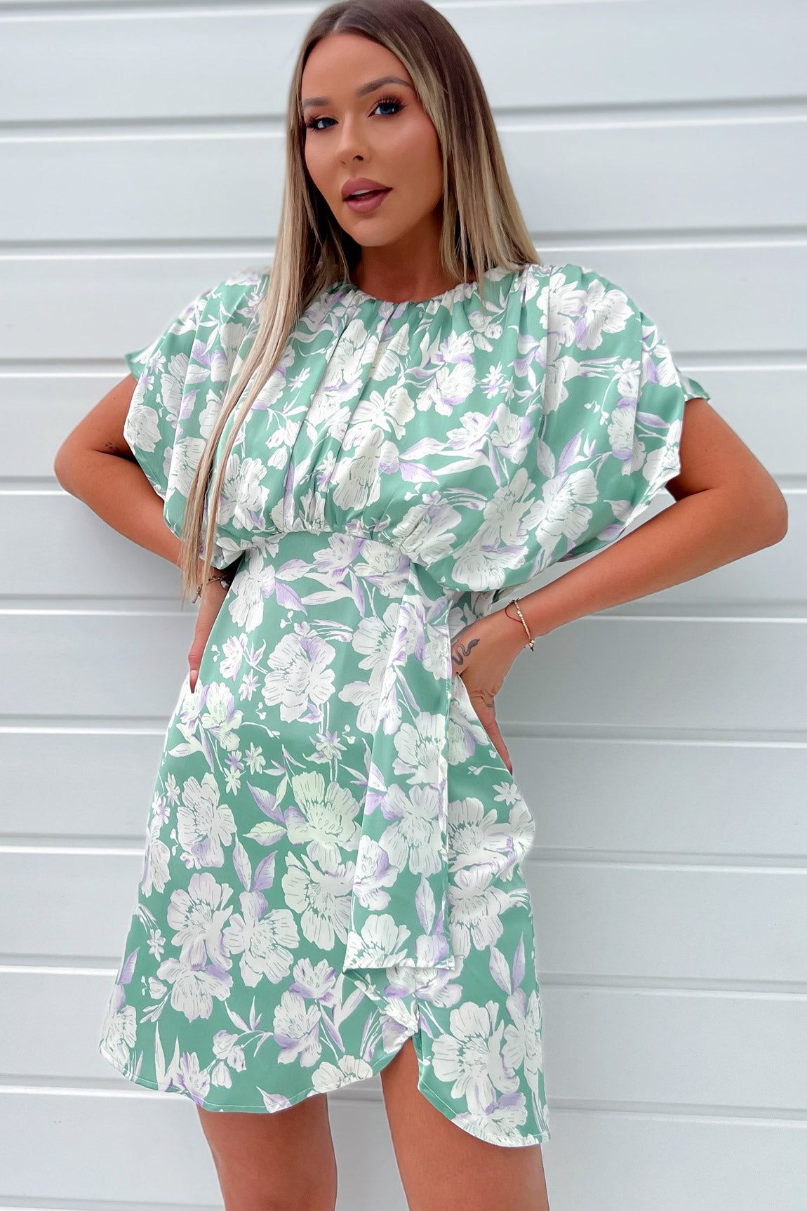 AX Paris Linda Green Satin Floral Dress sold by Va Va Voom product image thumbnail 3