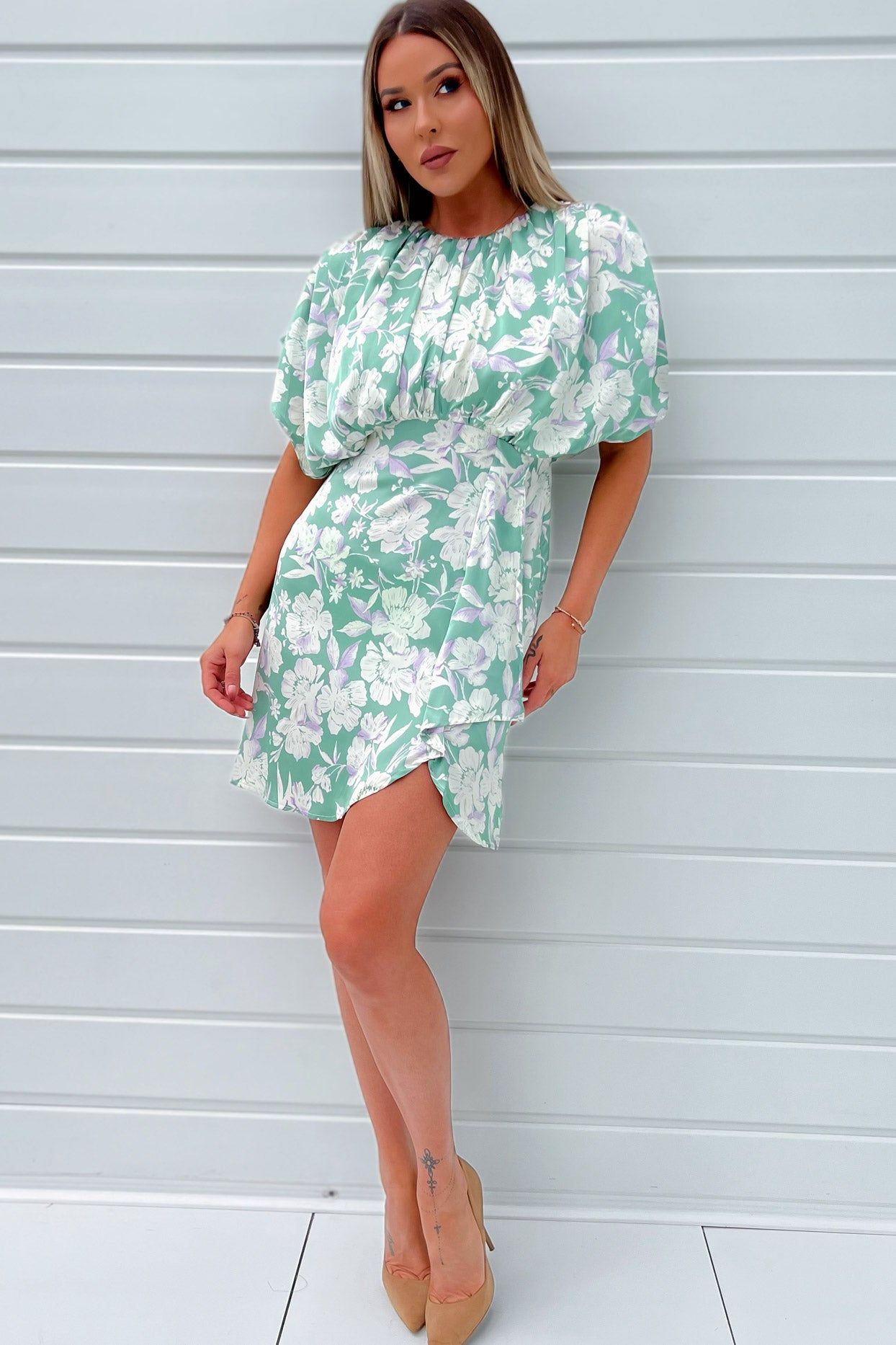 AX Paris Linda Green Satin Floral Dress sold by Va Va Voom product image thumbnail 4