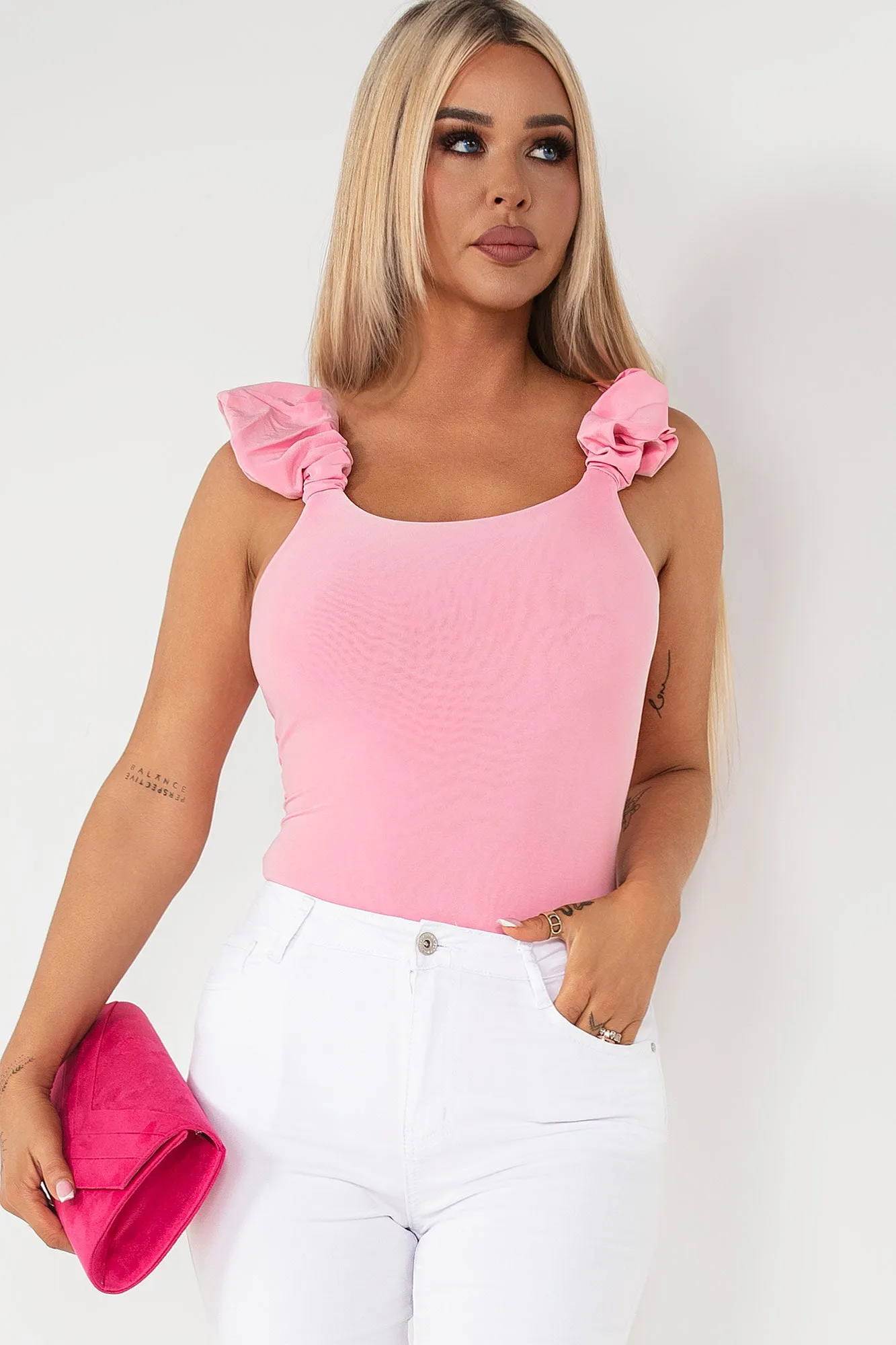 Milly Pink Ruffle Strap Bodysuit sold by Va Va Voom