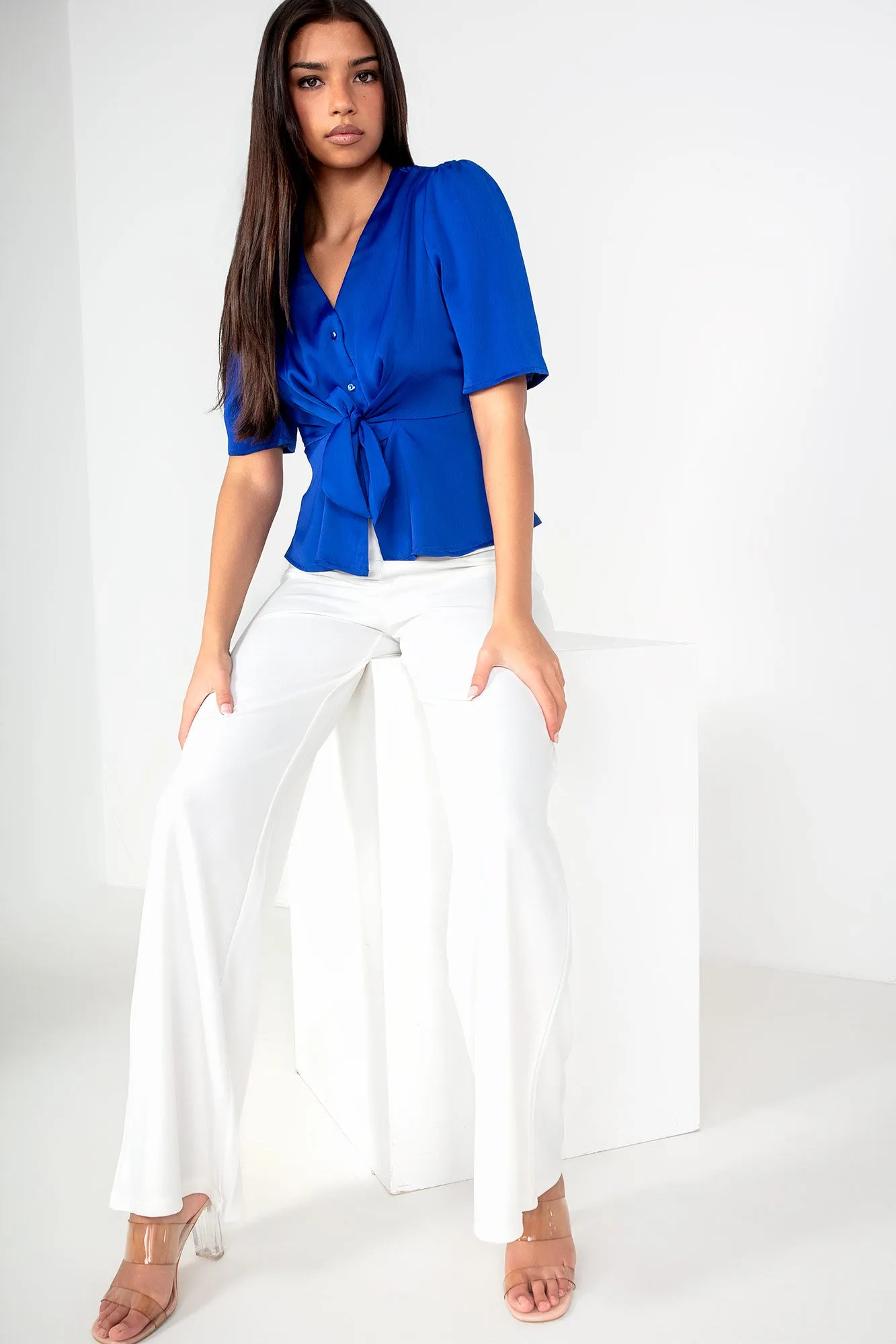 Caryn Royal Blue Satin Tie Front Top sold by Va Va Voom