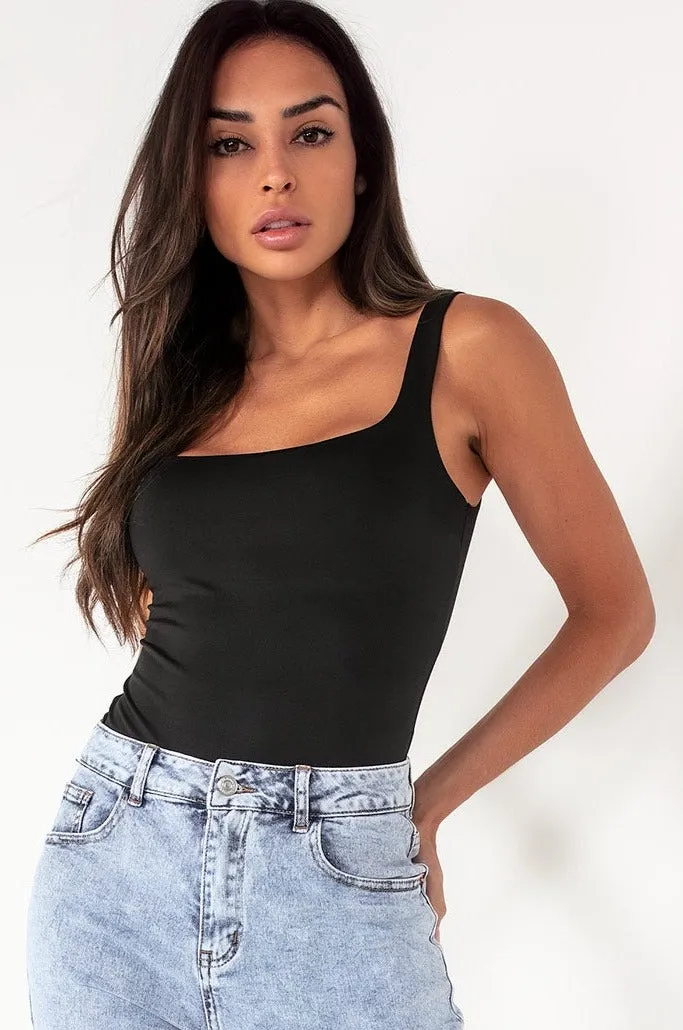 Helena Black Scoop Neck Slinky Bodysuit sold by Vavavoom