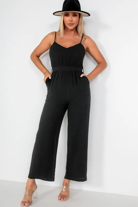 Cathy Black Linen Jumpsuit sold by Va Va Voom