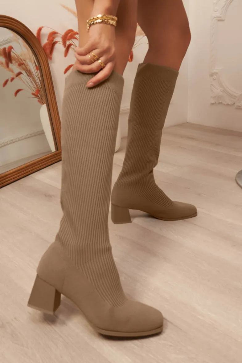 Tessa Taupe Knit Knee High Boots sold by Va Va Voom