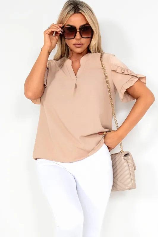 Sandra Stone Frill Sleeve Top sold by Va Va Voom