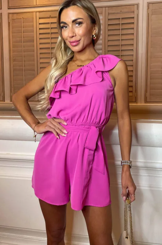 AX Paris Dolly Pink One Shoulder Playsuit sold by Va Va Voom