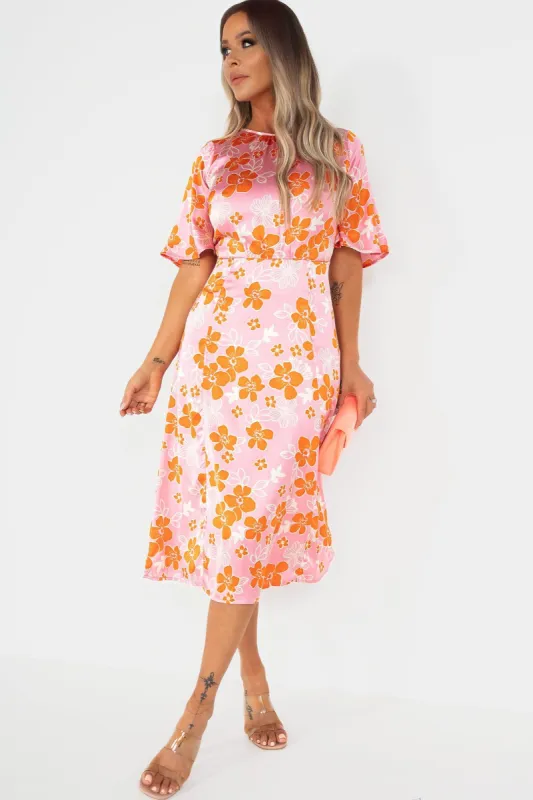 Enzo Pink Satin Floral Midi Dress sold by Va Va Voom
